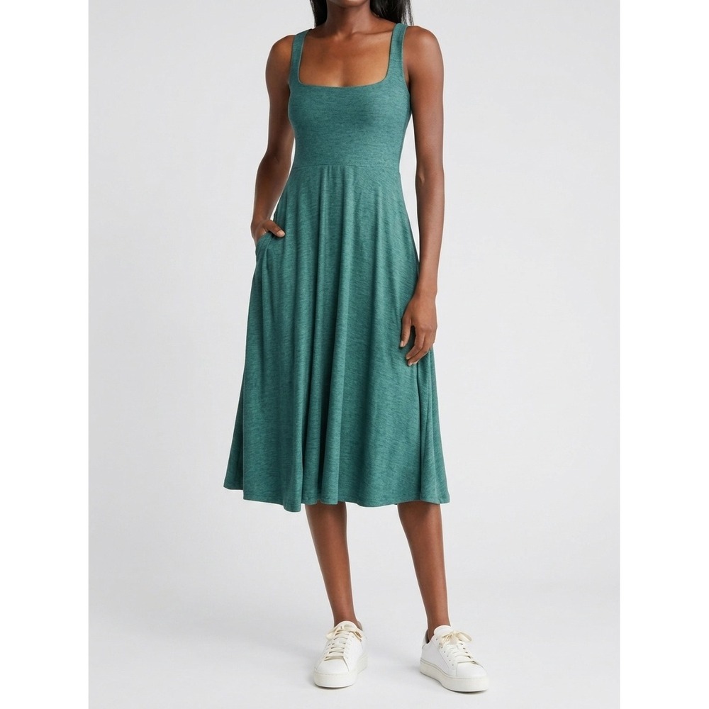 Beyond Yoga Featherweight Square Neck Midi Dress Pockets Green Heathered Small